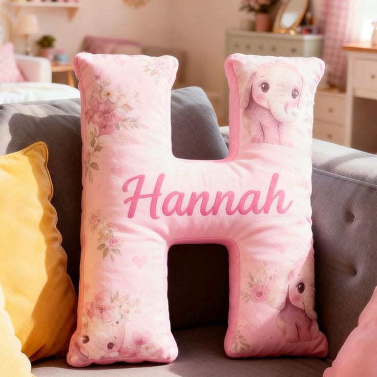 Personalized Flower Girl Pink Floral Elephant Heart 26 Letter Pillow Custom Girl Name Cushion Wedding Gift for Girl Christmas Gift for Girlfriend Wife