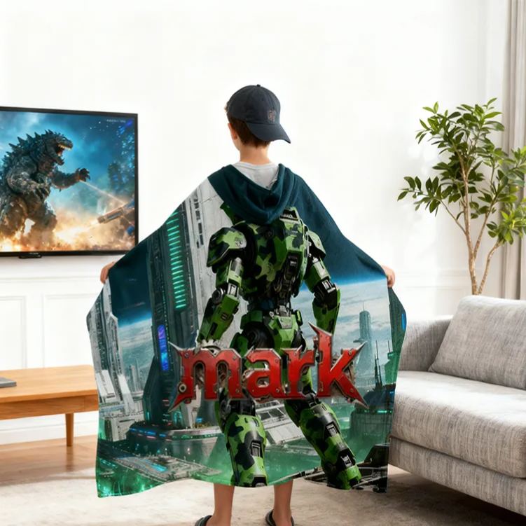 Personalized Robot Print Wearable Blanket Hoodie Custom Name and Photo Cozy Gift for Kids