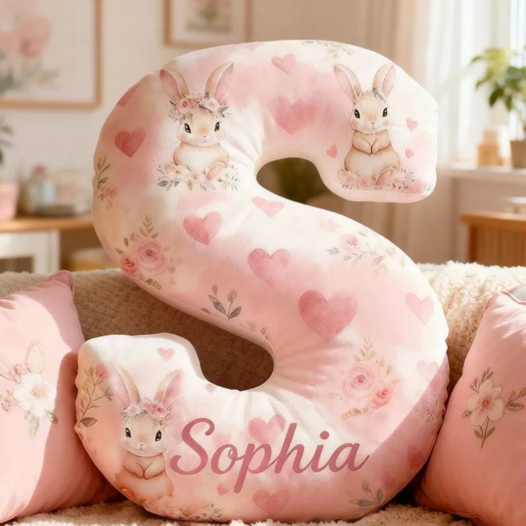 Personalized Flower Girl Pink Floral Rabbit Heart 26 Letter Pillow Custom Girl Name Cushion Wedding Gift for Girl Christmas Gift for Girlfriend Wife