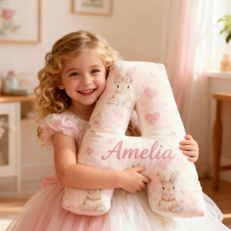 Personalized Flower Girl Pink Floral Rabbit Heart 26 Letter Pillow Custom Girl Name Cushion Wedding Gift for Girl Christmas Gift for Girlfriend Wife