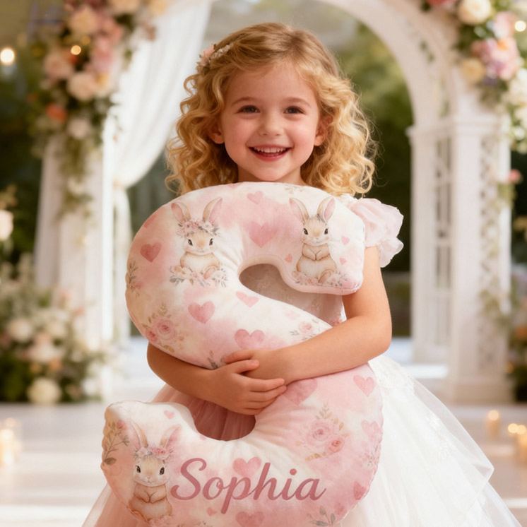 Personalized Flower Girl Pink Floral Rabbit Heart 26 Letter Pillow Custom Girl Name Cushion Wedding Gift for Girl Christmas Gift for Girlfriend Wife