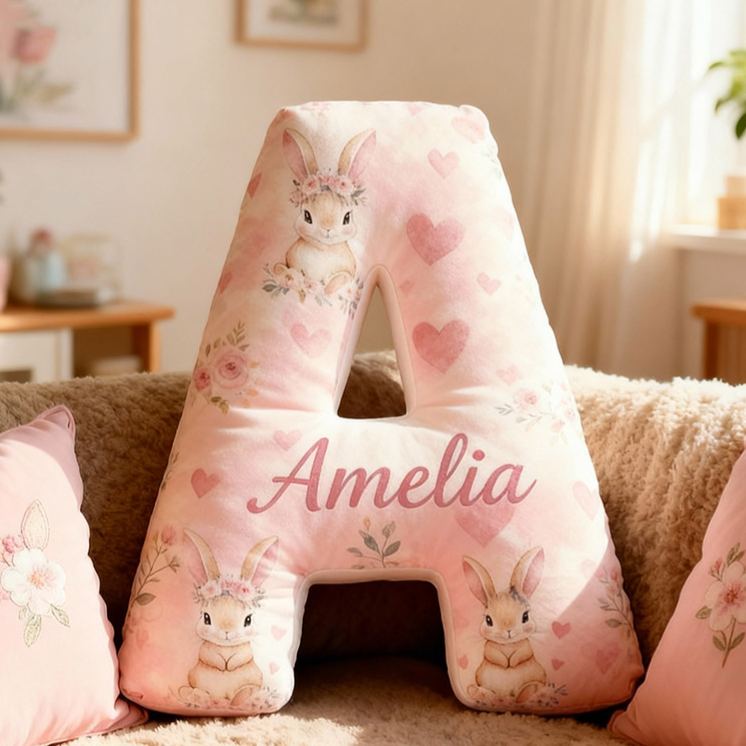 Personalized Flower Girl Pink Floral Rabbit Heart 26 Letter Pillow Custom Girl Name Cushion Wedding Gift for Girl Christmas Gift for Girlfriend Wife