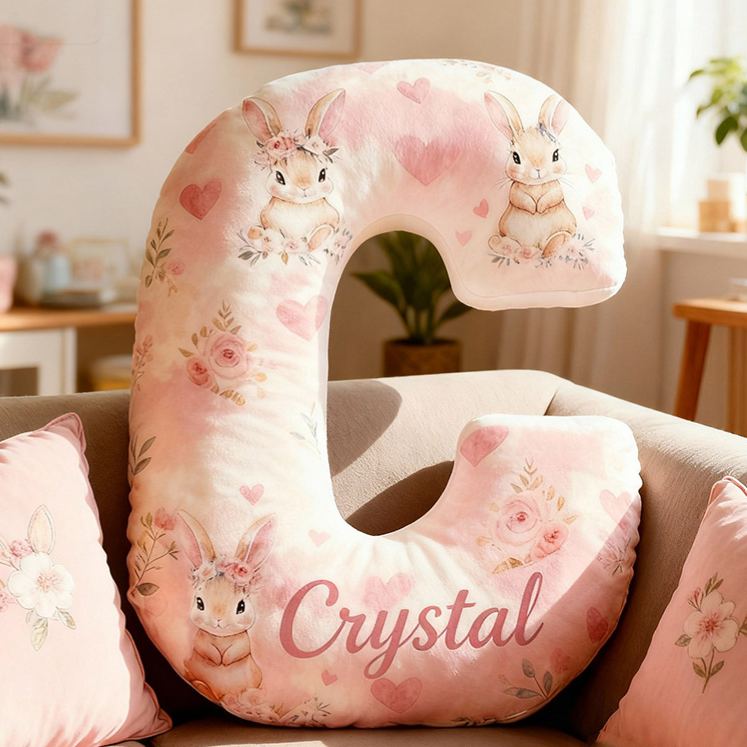 Personalized Flower Girl Pink Floral Rabbit Heart 26 Letter Pillow Custom Girl Name Cushion Wedding Gift for Girl Christmas Gift for Girlfriend Wife