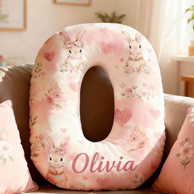 Personalized Flower Girl Pink Floral Rabbit Heart 26 Letter Pillow Custom Girl Name Cushion Wedding Gift for Girl Christmas Gift for Girlfriend Wife
