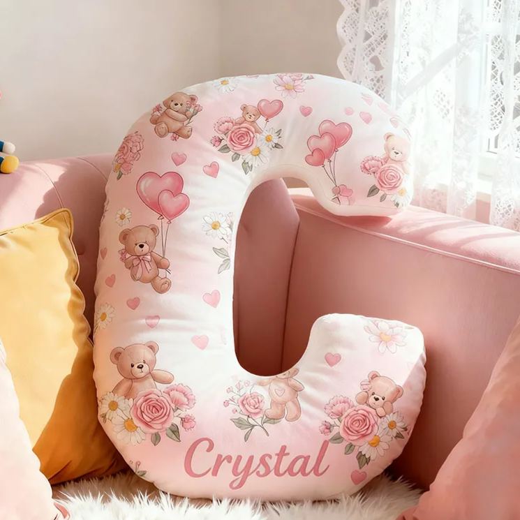 Personalized Flower Girl Pink Floral Bear Heart Balloon Letter Pillow Custom Couple Cushion Wedding Gift for Girl Christmas Gift for Girlfriend Wife