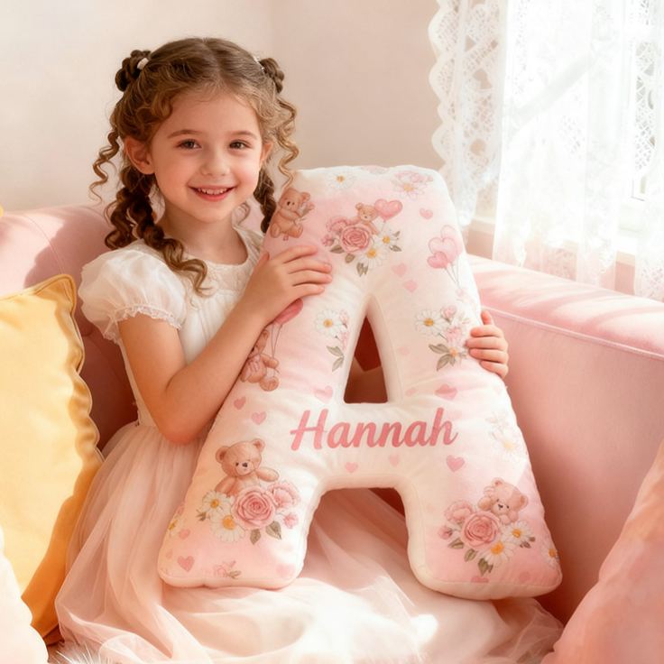 Personalized Flower Girl Pink Floral Bear Heart Balloon Letter Pillow Custom Couple Cushion Wedding Gift for Girl Christmas Gift for Girlfriend Wife