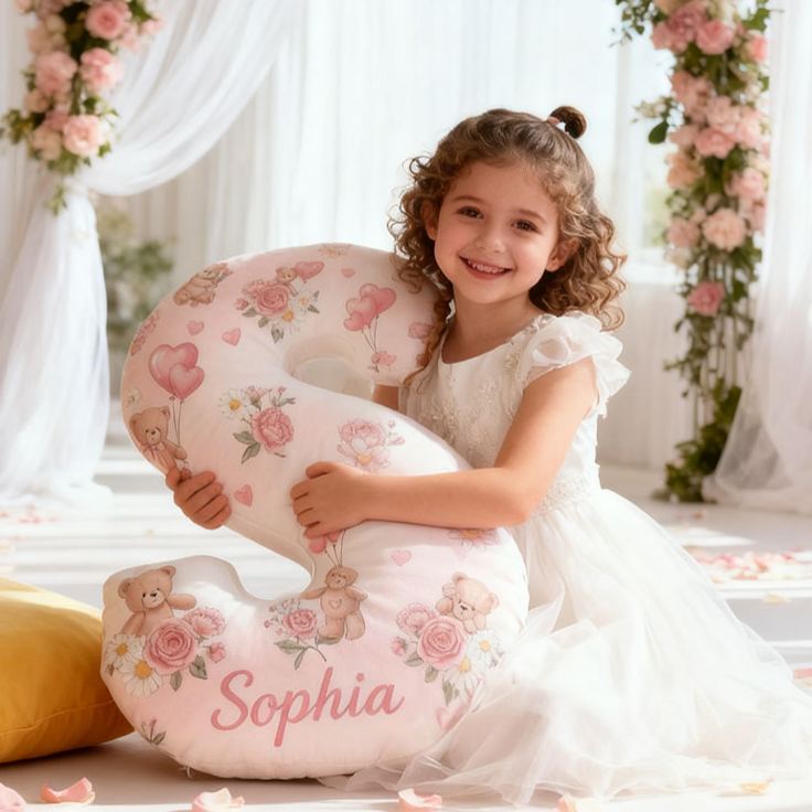Personalized Flower Girl Pink Floral Bear Heart Balloon Letter Pillow Custom Couple Cushion Wedding Gift for Girl Christmas Gift for Girlfriend Wife