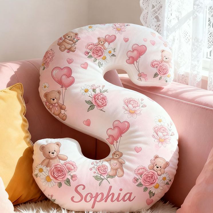 Personalized Flower Girl Pink Floral Bear Heart Balloon Letter Pillow Custom Couple Cushion Wedding Gift for Girl Christmas Gift for Girlfriend Wife