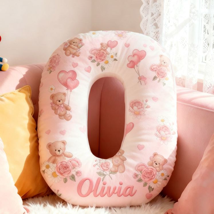 Personalized Flower Girl Pink Floral Bear Heart Balloon Letter Pillow Custom Couple Cushion Wedding Gift for Girl Christmas Gift for Girlfriend Wife