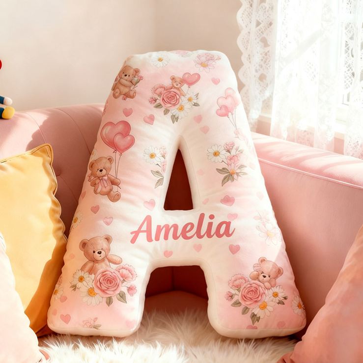 Personalized Flower Girl Pink Floral Bear Heart Balloon Letter Pillow Custom Couple Cushion Wedding Gift for Girl Christmas Gift for Girlfriend Wife