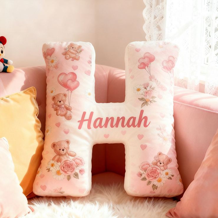 Personalized Flower Girl Pink Floral Bear Heart Balloon Letter Pillow Custom Couple Cushion Wedding Gift for Girl Christmas Gift for Girlfriend Wife