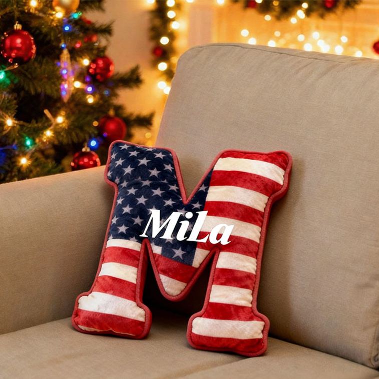 Personalized American Flag Initial Pillow Custom Initial Pillow with American Flag for Boy Girl Friend Patriotic Pillow