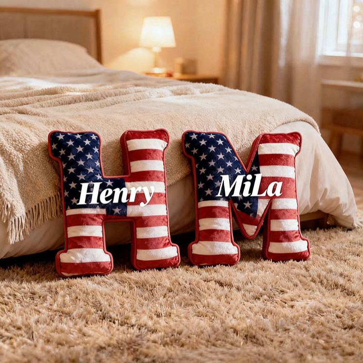 Personalized American Flag Initial Pillow Custom Initial Pillow with American Flag for Boy Girl Friend Patriotic Pillow