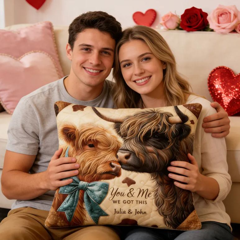 Personalized Highland Cow Design with Names Couple Throw Pillow Romantic Anniversaries Gift for Husband Wife Valentine's Day Gift