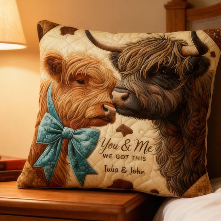 Personalized Custom Highland Cow Design with Names Couple Home Pillow Romantic Anniversaries Gift for Husband Wife Home