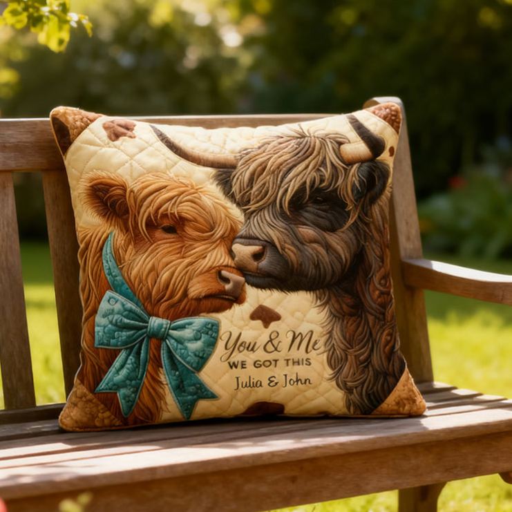 Personalized Custom Highland Cow Design with Names Couple Home Pillow Romantic Anniversaries Gift for Husband Wife Home
