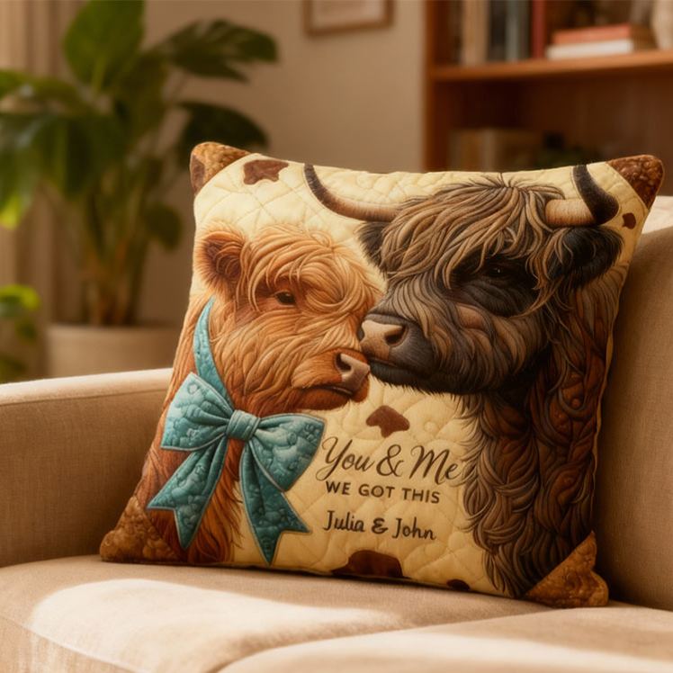 Personalized Custom Highland Cow Design with Names Couple Home Pillow Romantic Anniversaries Gift for Husband Wife Home