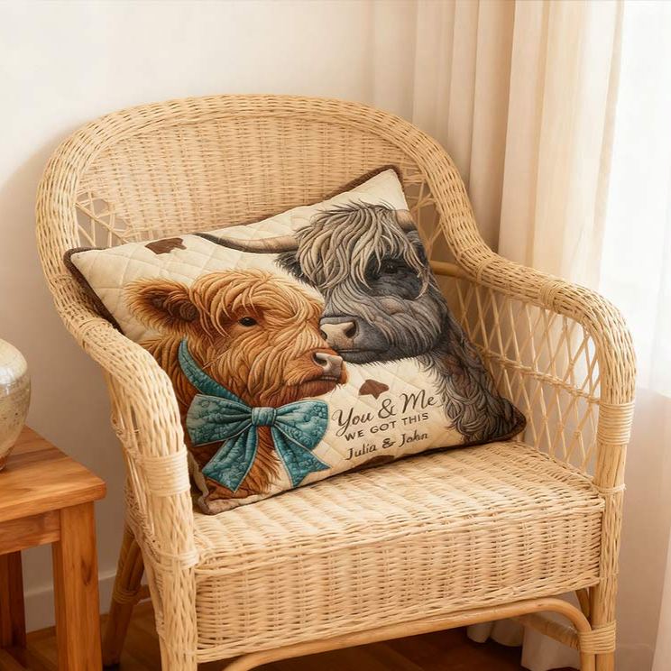Personalized Custom Highland Cow Design with Names Couple Home Pillow Romantic Anniversaries Gift for Husband Wife Home