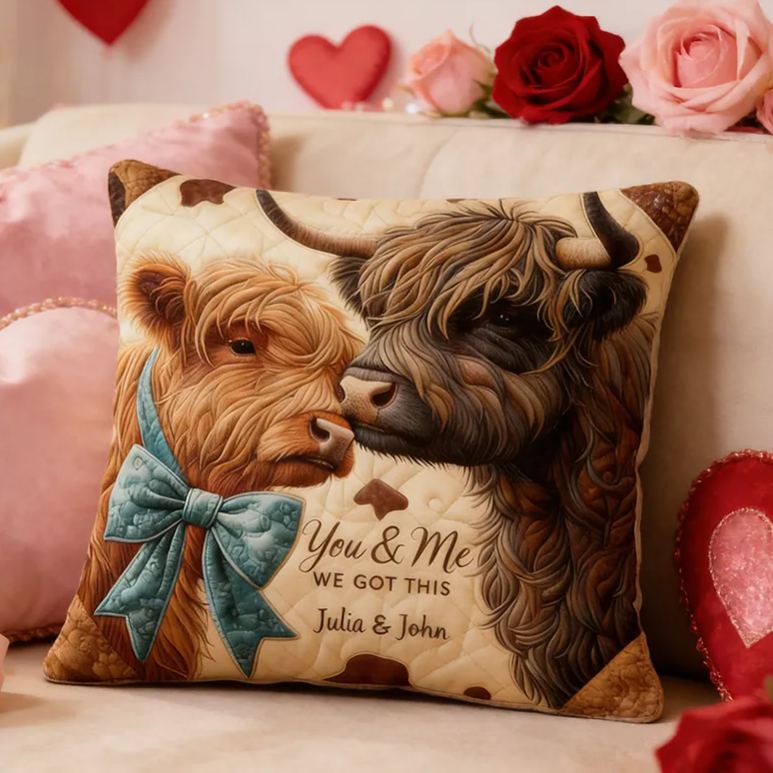 Personalized Highland Cow Design with Names Couple Throw Pillow Romantic Anniversaries Gift for Husband Wife Valentine's Day Gift
