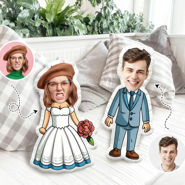 Personalized Wedding Bride Groom Face Photo Pillow Newlyweds Couple Doll Cushion Bridal Party Bachelorette Party Gift First Christmas Married Pillow