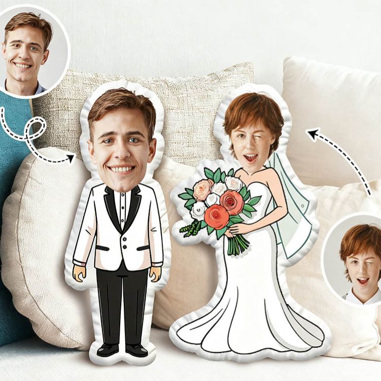 Personalized Wedding Bride Groom Face Photo Pillow Newlyweds Couple Doll Cushion Bridal Party Bachelorette Party Gift First Christmas Married Pillow