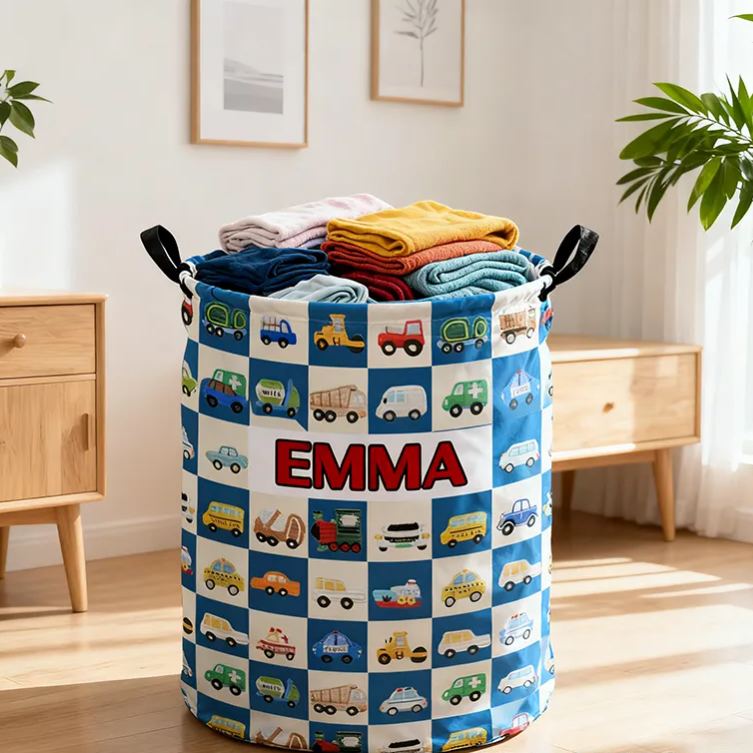 Personalized Cute Car Plaid Print Large Waterproof Laundry Storage Basket with Handle Custom Name Gift for Kids