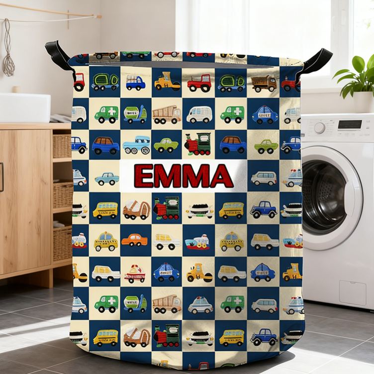 Personalized Cute Car Plaid Print Large Waterproof Laundry Storage Basket with Handle Custom Name Gift for Kids