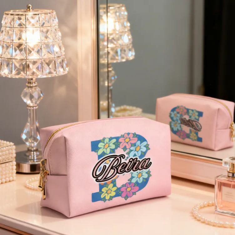 Personalized Floral Alphabet Toiletry Bag with Custom Name for Travel Daily Use