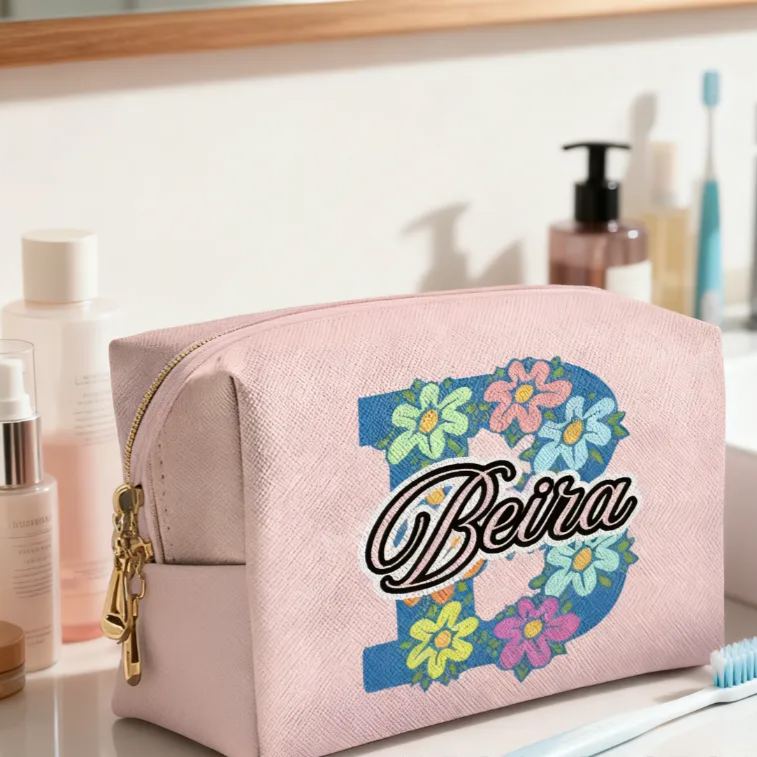 Personalized Floral Alphabet Toiletry Bag with Custom Name for Travel Daily Use