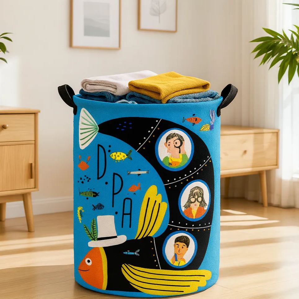 Personalized Family Submarine Voyage Hand Drawn Print Large Waterproof Laundry Hamper with Handles Custom Family Members Initials Embroidery Kids Holiday Gift