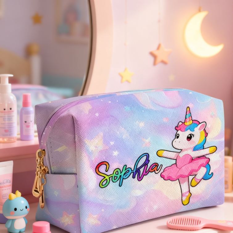 Personalized Ballet Themed Unicorn Custom Name Toiletry Bag for Kids Travel Gifts and Daily Use