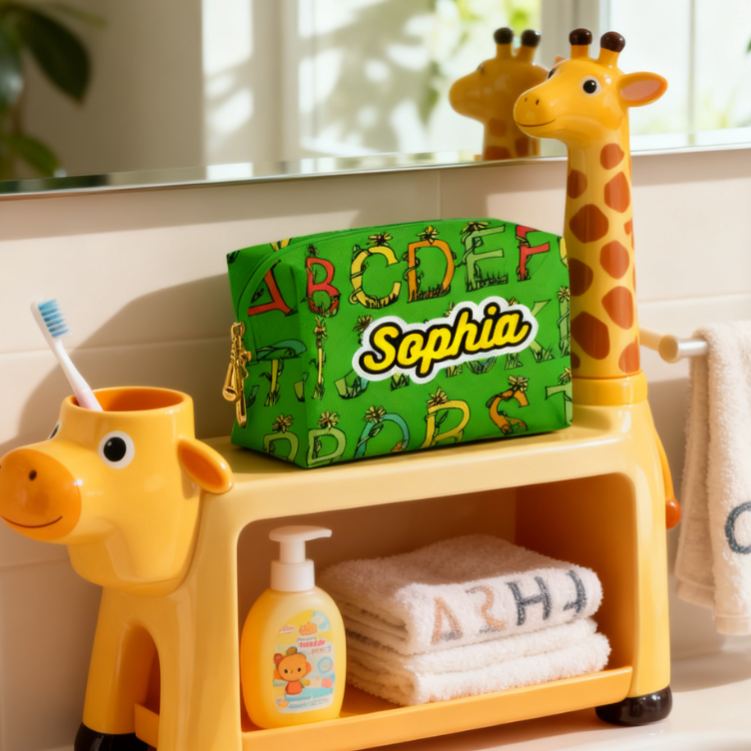 Personalized Botanical Alphabet Toiletry Bag Custom Name for Kids Travel Gifts and Daily Use