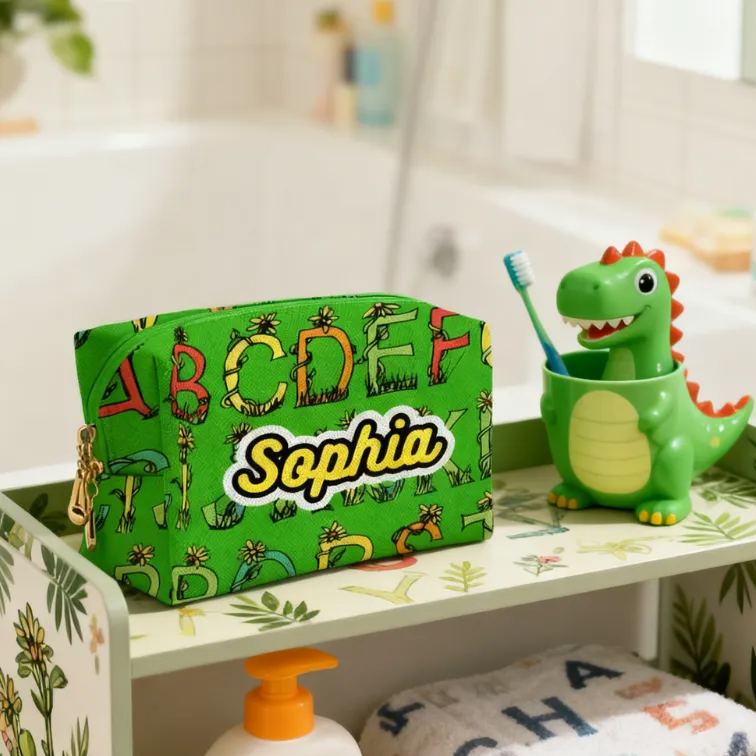 Personalized Botanical Alphabet Toiletry Bag Custom Name for Kids Travel Gifts and Daily Use