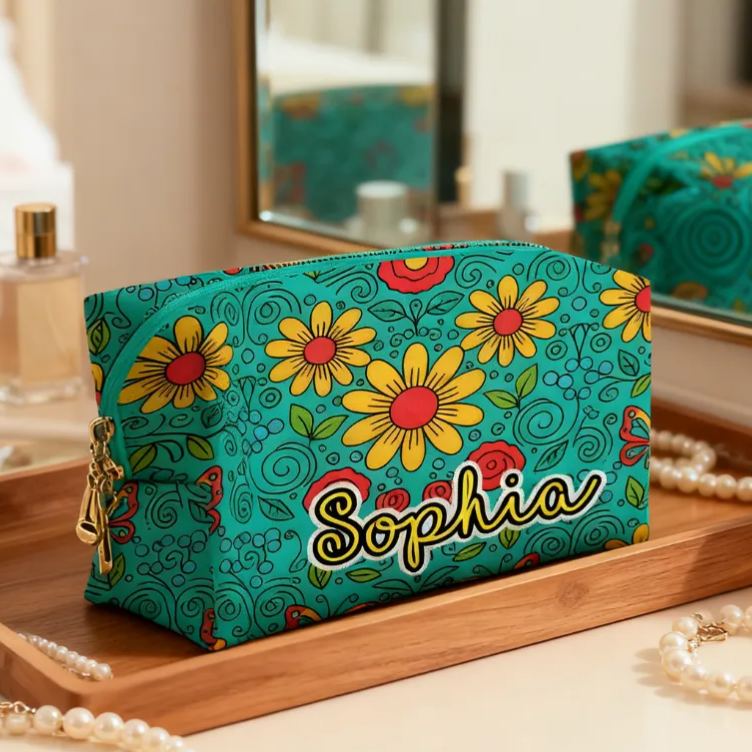 Personalized Multicolored Bright Sunflower Toiletry Bag Custom Name for Kids Travel Gifts and Daily Use