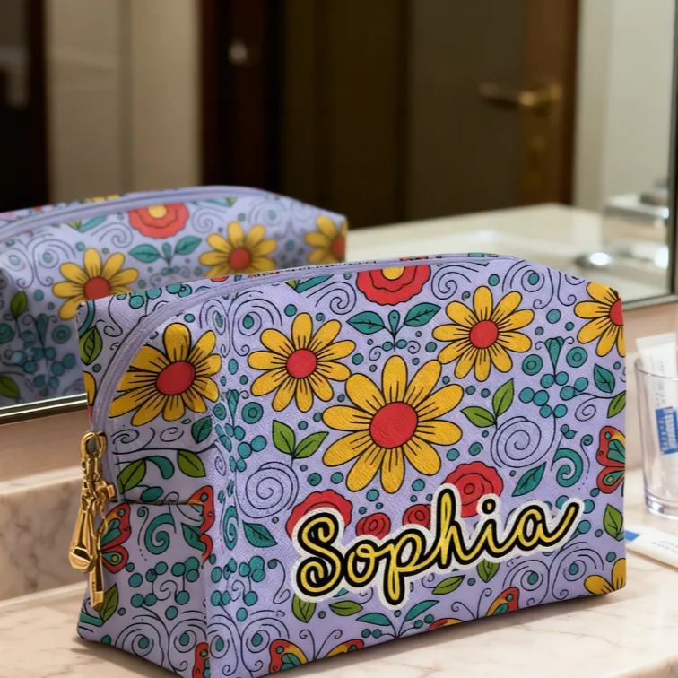 Personalized Multicolored Bright Sunflower Toiletry Bag Custom Name for Kids Travel Gifts and Daily Use