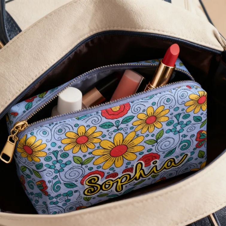 Personalized Multicolored Bright Sunflower Toiletry Bag Custom Name for Kids Travel Gifts and Daily Use