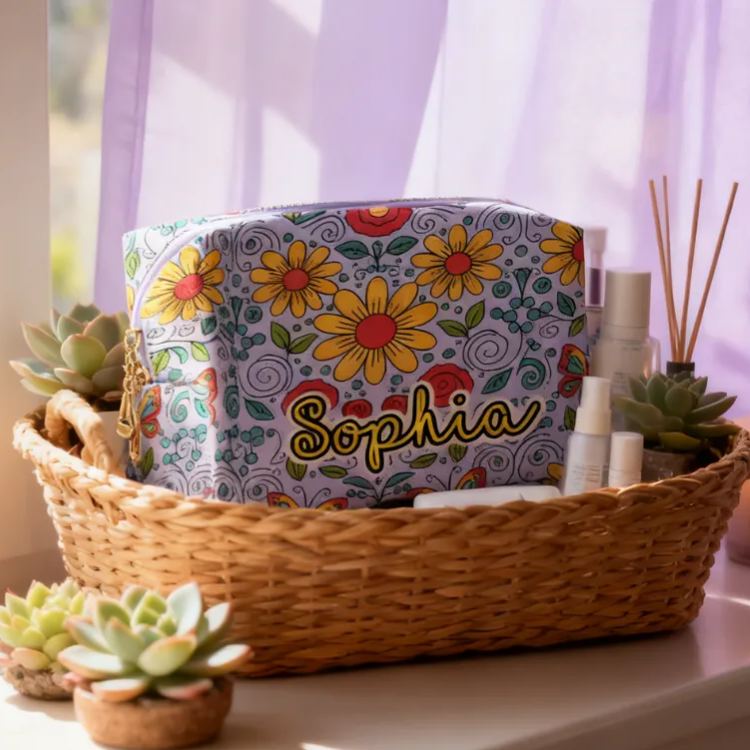 Personalized Multicolored Bright Sunflower Toiletry Bag Custom Name for Kids Travel Gifts and Daily Use