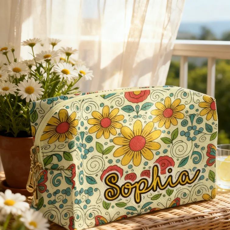 Personalized Multicolored Bright Sunflower Toiletry Bag Custom Name for Kids Travel Gifts and Daily Use