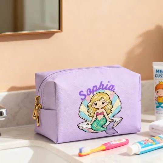 Personalized Cute Mermaid Toiletry Bag Custom Name for Kids Travel Gifts and Daily Use