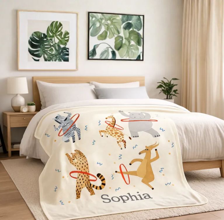 Personalized Whimsical Animal Hula Hooping Blanket Custom Name Kids Room Decor Fun Gift for Kids