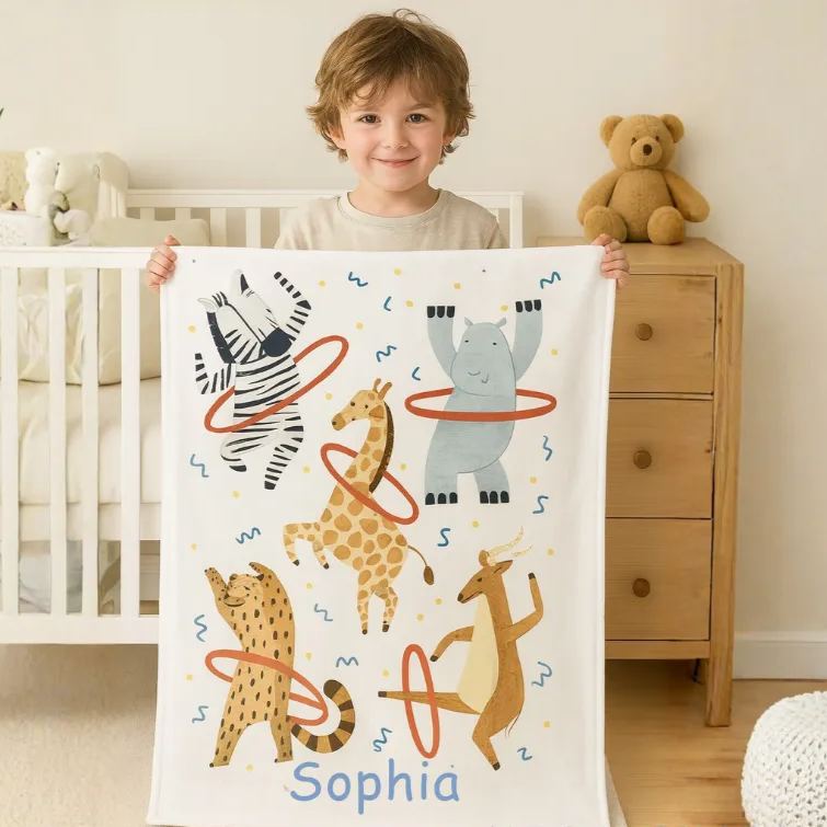 Personalized Fun Animal Hula Hooping Blanket Custom Name Kids Room Decor Fun Gift for Kids