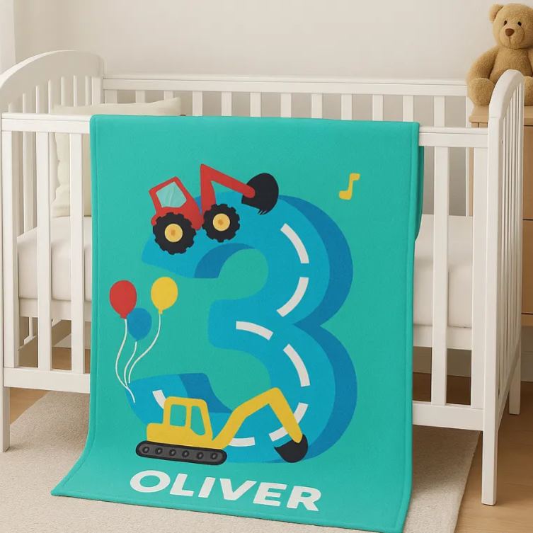 Personalized Fun Construction Vehicles Decor Blanket Custom Name Age Kids Room Gift Cozy Fun for Kids