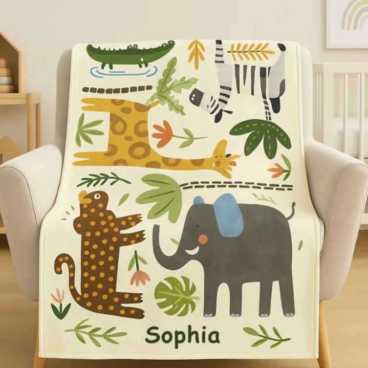 Personalized Fun Hand Drawn Animal Town Blanket Custom Name Kids Room Decor Cozy Gift for Kids