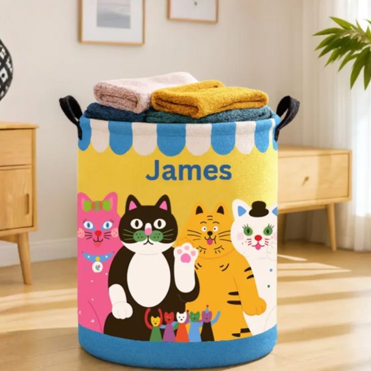 Personalized Cartoon Whimsical Cat Print Large Waterproof Laundry Hamper with Handle Custom Name Embroidery Kids Holiday Gift