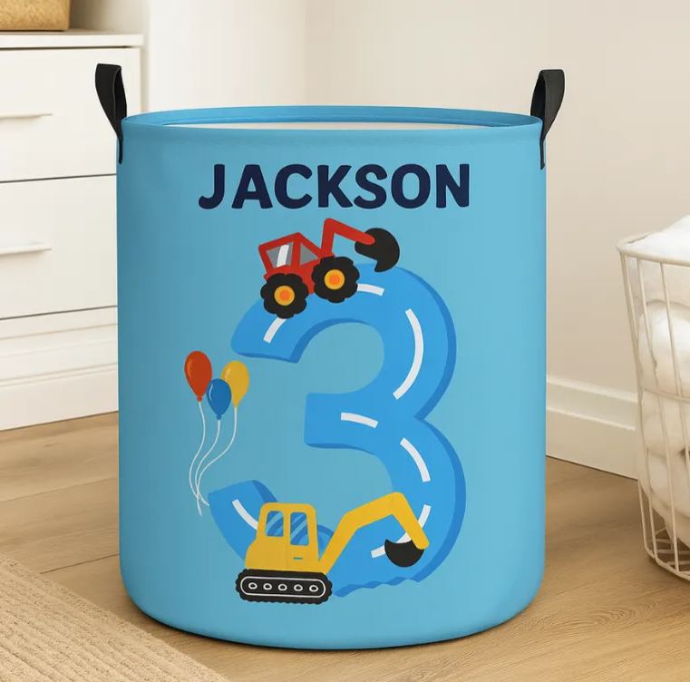 Personalized Fun Construction Vehicle Theme Large Waterproof Laundry Hamper with Handle Custom Name Embroidery Kids Holiday Gift