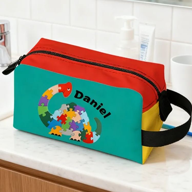 Personalized Cartoon Snail Dinosaur Puzzle Pattern Toiletry Bag Custom Name for Kids Travel Gifts and Daily Use