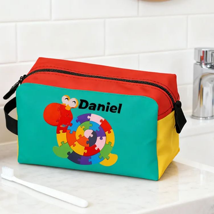 Personalized Cartoon Snail Dinosaur Puzzle Pattern Toiletry Bag Custom Name for Kids Travel Gifts and Daily Use