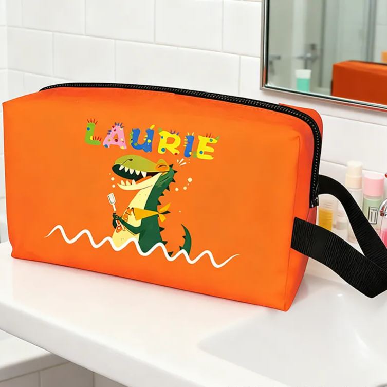 Personalized Fun Cartoon Dinosaur Brushing Teeth Print Toiletry Bag Custom Name for Kids Travel Gifts and Daily Use