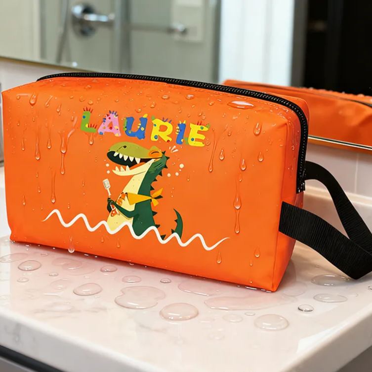 Personalized Fun Cartoon Dinosaur Brushing Teeth Print Toiletry Bag Custom Name for Kids Travel Gifts and Daily Use
