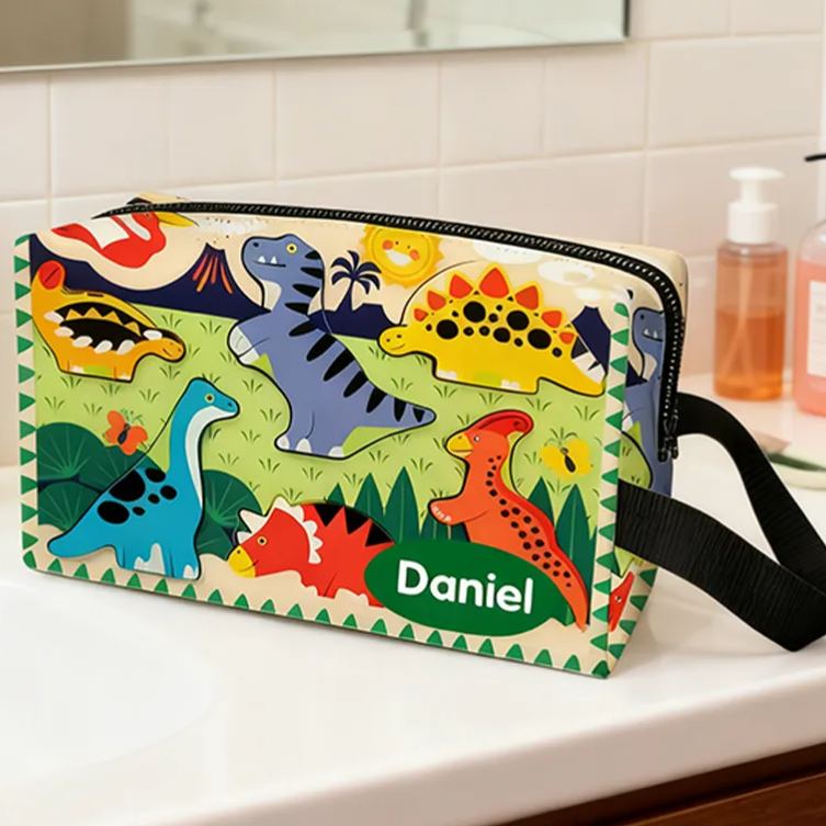 Personalized Dinosaur World Design Toiletry Bag Custom Name for Kids Travel Gifts and Daily Use